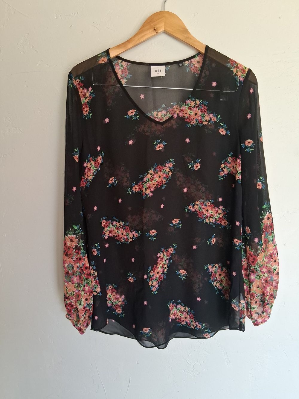 Cabi Floral Sheer Blouse Sz M Black Pink Long Sleeve Boho Peasant Top - Picture 2 of 8